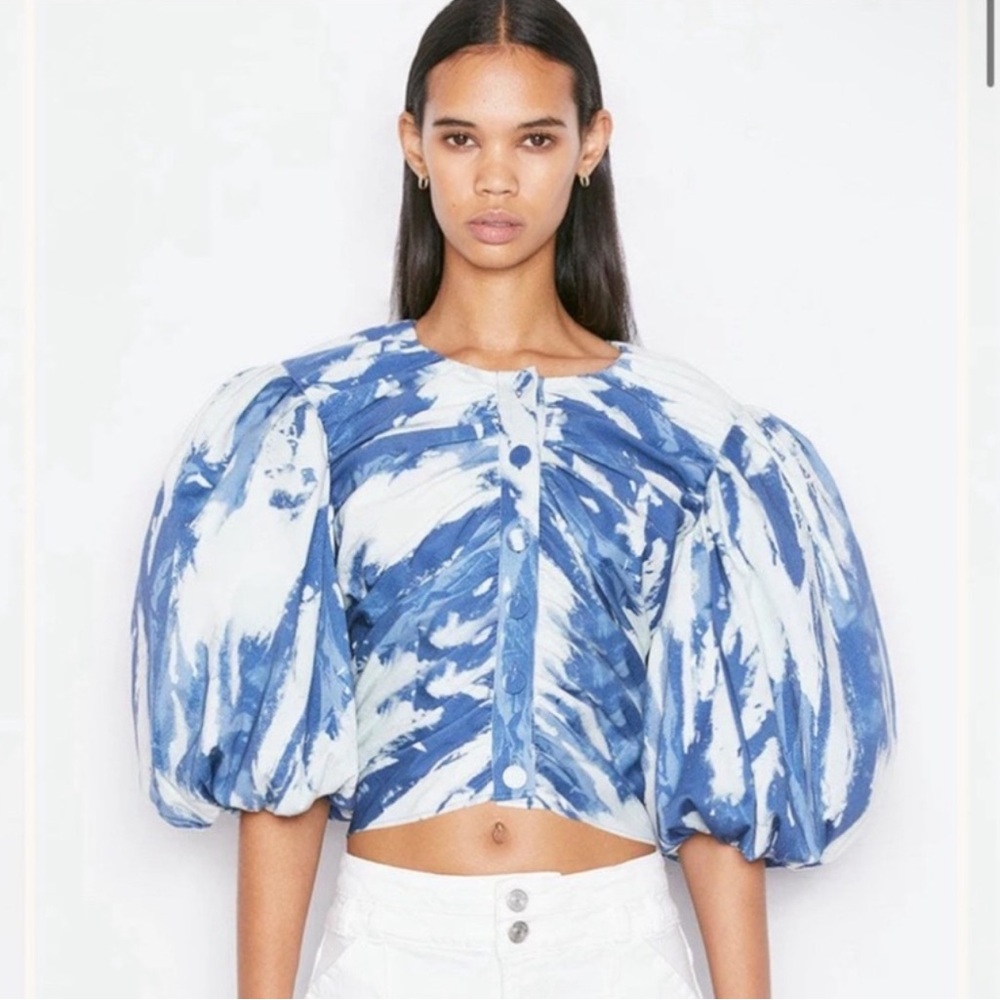 Frame Denim Blue and White Tie-Dye Puff Sleeve Crop Blouse